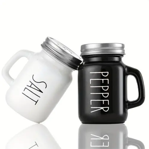 2pcs Vintage Glass 4.4OZ Farmhouse Salt And Pepper Shaker Set With Handle And Stainless Steel Lid 2pcs Vintage Glass 4.4OZ Farmhouse Salt And Pepper Shaker Set With Handle And Stainless Steel Lid