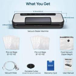 80Kpa Vacuum Sealer Machine Set, Double Pump, Dry/Moist, Pulse Mode, 12MM Widened Heating Strip, Handle Locked Design, LED Indicator Light & Cutter