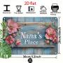 1pc Vintage Floral Welcome Metal Tin Sign - Nana's Place Rustic Aluminum Wall Art with Distressed Blue Background & Pink Flowers for Christmas, Holiday Home, Restaurant, Bar, Cafe, Garage Decor, 2D Flat, Perfect for Room Decor