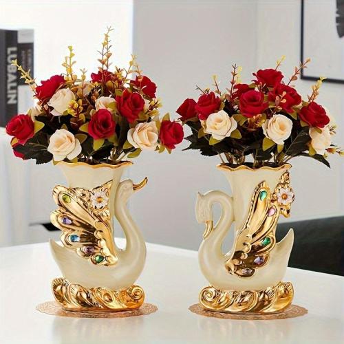 2pcs Ceramic Elegant Swan Vase Centerpieces, Vintage Style Cylindrical Home Decor, No Power Required, Battery-Free