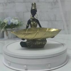 [African | Elegant] Golden-Leaf Elegant African Figurine Resin Tray Decor | Cultural Artwork, Handcrafted Look, Ideal for Home or Office Desktop | Versatile Indoor/Outdoor Use, Decorative Tray