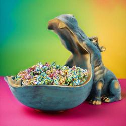 Whimsical Resin Hippo Statue with Golden Tongue Out - Multicolored Candy Dish & Key Bowl, Durable ABS Material, Ideal for Home Decor & Tabletop Art, Perfect for Storing Trinkets