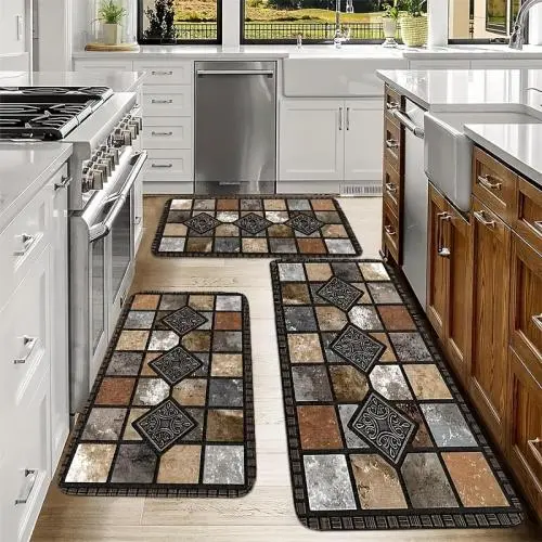 Weicher Küchenteppich | 2/3er Set aus Flanell, Klassischer geometrischer Steinboden-Teppich | Vintage Landhausstil Teppich | Küchentapete im Landhausstil, Komfortabel und leicht zu reinigen, geeignet für Schlafzimmer, Wohnzimmer, Esszimmer, Küche, Badezim