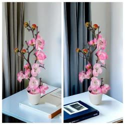2pcs Artificial Plum Blossom Branches in Pots, Plastic Fake Flowers, Versatile Decoration for Home, Office, Tabletop, with No Battery Required, for Christmas, Halloween, Thanksgiving, Valentine's, Mother'S Day