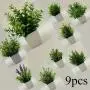 [9 Artificial Potted Plants Decor] Set Of 9 Artificial Potted Plants, Mini White Plastic Flower Pots For Decoration, Faux Green Plants For Home, Office, Bathroom, Bookshelf, And Desk Indoor Decoration, Spring Summer Decor