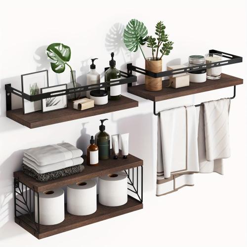 Superlele 3+1 Tier Wall Mounted Bathroom Shelves Over Toilet, Rustic Wood Floating Shelves with Metal Frame And Towel Bar for Bathroom, Kitchen, Bedroom, Living Room (Dark Brown)