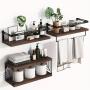 Superlele 3+1 Tier Wall Mounted Bathroom Shelves Over Toilet, Rustic Wood Floating Shelves with Metal Frame And Towel Bar for Bathroom, Kitchen, Bedroom, Living Room (Dark Brown)