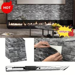 100pcs DIY 3D Brick Wall Stickers with Knife - Easy Peel & Stick, Waterproof, Foam Panels for Cozy Living Room, Kitchen, Bathroom Decor - Contemporary Gray and Black Design, Wall Stickers Home Decor