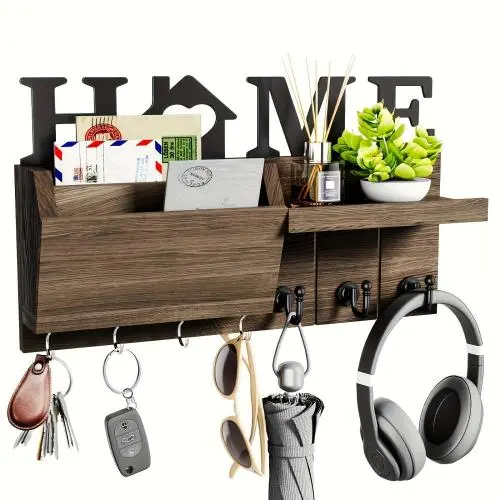 Holz Wandregal 1 Stück mit 7 Haken – Pflanzen- Mail-Aufbewahrungsbox, Schlüssel, Brille, Kopfhörer, Trinki-Hängevorrichtung – Für Heimdekoration, Raumdekoration, Wanddekoration, schönes Raumdesign