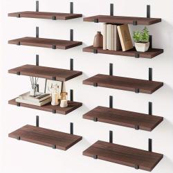 10pcs, Walnut Brown Floating Shelves, Rustic Wood Wall Decor, Farmhouse Wall Mounted Shelves For Bedroom, Living Room, Kitchen And Bathroom, Place Small Plants, Trophies, Collectibles, Books, Photos