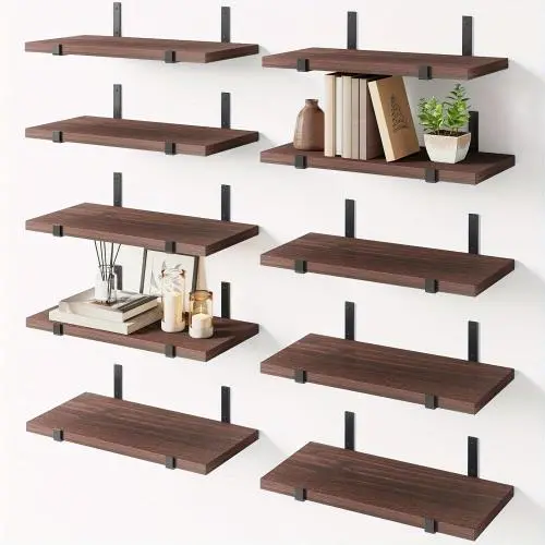 10pcs, Walnut Brown Floating Shelves, Rustic Wood Wall Decor, Farmhouse Wall Mounted Shelves For Bedroom, Living Room, Kitchen And Bathroom, Place Small Plants, Trophies, Collectibles, Books, Photos 10pcs, Walnut Brown Floating Shelves, Rustic Wood Wall Decor, Farmhouse Wall Mounted Shelves For Bedroom, Living Room, Kitchen And Bathroom, Place Small Plants, Trophies, Collectibles, Books, Photos