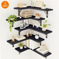 [Rustic Corner Shelves] Set Of 5 Black Corner Floating Shelves, Corner Book Shelf - Rustic Wall Shelves For Bathroom, Kitchen, Seasoning Bottles, Bedroom Or Living Room, Valentine's Day Decor