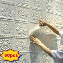 50PCS 3D Waterproof Self-Adhesive White Flower Wallpaper Wall Stickers for Living Room, Kitchen and Bedroom, Moisture-Proof Wall Home Decoration