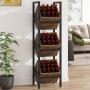 [Rustic Wood Basket Stand] 3-Tier Rustic Wood Basket Stand - Sturdy Black Metal Frame Storage Tower - Versatile for Kitchen, Bathroom, Living Room