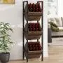 Holzkorbgestell – 3-stufiges Rustikales Holzkorbgestell – Robuste Schwarz Metallgestell – Vielseitig für Küche, Badezimmer, Wohnzimmer