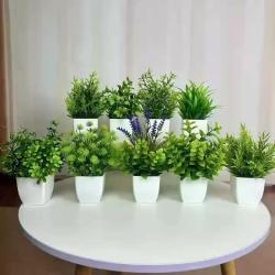 [9 Artificial Potted Plants Decor] Set Of 9 Artificial Potted Plants, Mini White Plastic Flower Pots For Decoration, Faux Green Plants For Home, Office, Bathroom, Bookshelf, And Desk Indoor Decoration, Spring Summer Decor