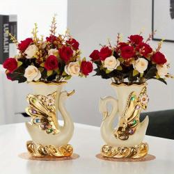 2pcs Ceramic Elegant Swan Vase Centerpieces, Vintage Style Cylindrical Home Decor, No Power Required, Battery-Free