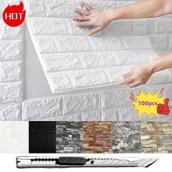 100pcs DIY 3D Wall Sticker Wallpaper Wall Panel with Knife Foam Soft Brick Self Adhesive Waterproof Room Home Living Room Bahtroom Kitchen Bedding Room Decoration