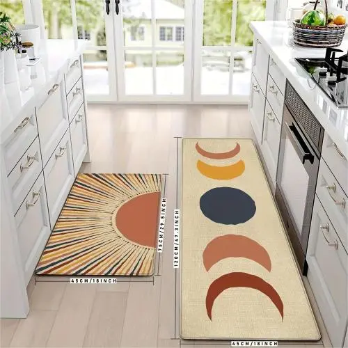 Nicht-rutschfähige Küchenmatte Set – 2 Stück, Absorbent Sonne & Mond Geometrische Küchenmatten Set – Polyester Teppiche in Rechteckigen Formen (18x29,5)
