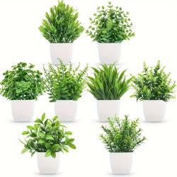 [Artificial Plants in White Pot] 8 Pack Small Artificial Plants - Fake Plants Potted in White Pot for Home Office Bedroom Desk Bathroom Shelf Farmhouse Decoration