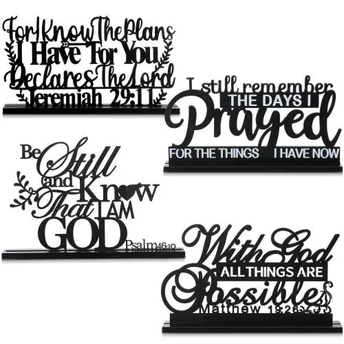 4pcs Inspirational Table Decorations Wooden Christian Faith Bible Verse Centerpieces Black Motivational Prayer Room Blessed Signs for Home Office Living Room Kitchen Farmhouse Art Decor