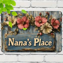 1pc Vintage Floral Welcome Metal Tin Sign - Nana's Place Rustic Aluminum Wall Art with Distressed Blue Background & Pink Flowers for Christmas, Holiday Home, Restaurant, Bar, Cafe, Garage Decor, 2D Flat, Perfect for Room Decor