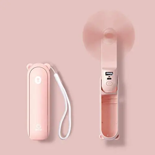 JISULIFE Tragbarer Mini-Ventilator, 3-in-1, USB-Ladegerätsystem, Mini-Taschenventilator, mit Akkubetrieb, [14-21 Stunden Betriebsdauer] mit Power Bank, und Taschenlampenfunktion für Damen, Reisen, Outdoor – Rosa