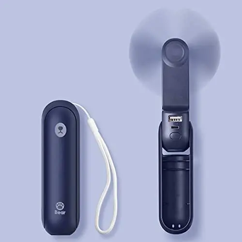 JISULIFE Mini Tragbarer Handfächer, USB-Rechargebar, 14-21 Stunden Laufzeit, Klappbares Handfächer mit Powerbank und Taschenlampe – Blau