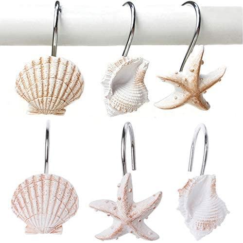 YUKUNTANG Shower Curtain Hooks, 12 Pcs Seashell Anti Rust Decorative Resin Shower Curtain Rings Hooks for Bathroom Bedroom Baby Room Decor