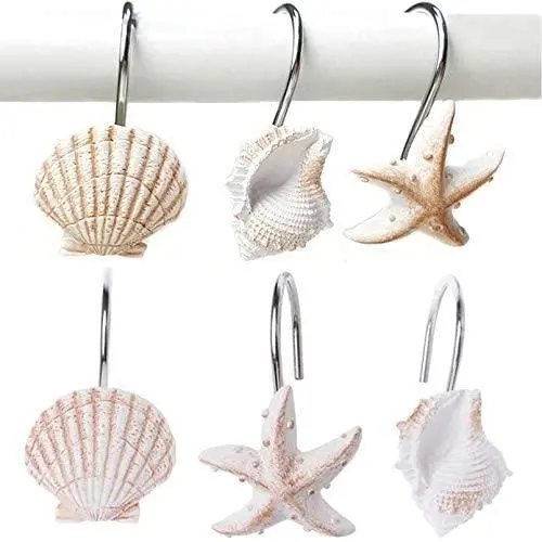 YUKUNTANG Shower Curtain Hooks, 12 Pcs Seashell Anti Rust Decorative Resin Shower Curtain Rings Hooks for Bathroom Bedroom Baby Room Decor
