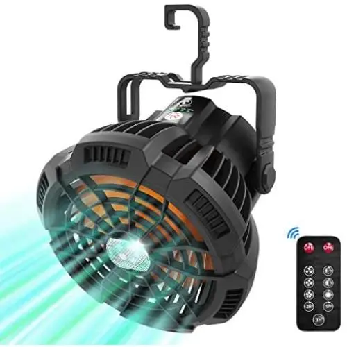 Camping-Fan mit LED-Licht für Zelt, Camping-Deckenventilator mit Licht, VOLUEX Tragbarer Mini USB Schreibtischventilator mit Haken 5200mAh 3 Geschwindigkeiten und Fernbedienung für Outdoor Camping Reisen Heim Büro