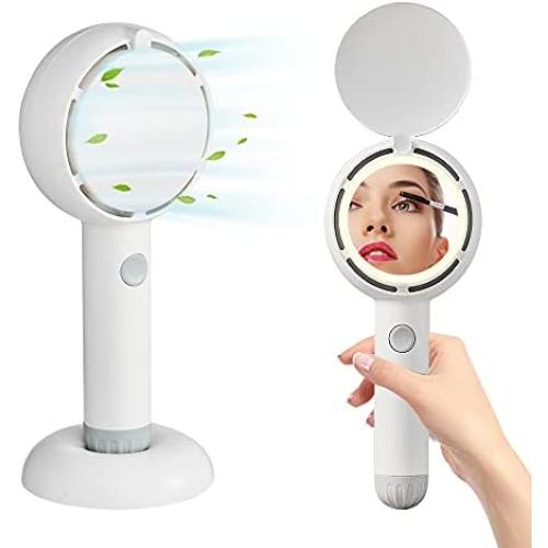 Mini Handheld Fan, Battery Operated Rechargeable Portable Fan with LED Light Makeup Mirror, Bladeless Small Personal Fan 3 Speeds Eyelash Fan for Women Girls Outdoor Travel (White)