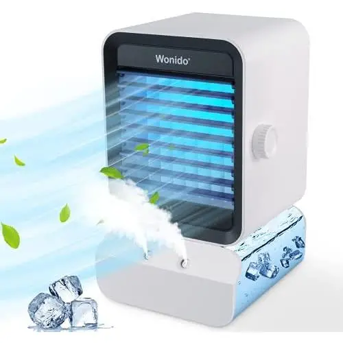 Wonido Tragbarer Luftkühler – Persönlicher Mini-Luftkühler Ventilator 4-in-1 Evaporativer Luftkühler mit Befeuchter/ 3 Geschwindigkeiten / 7 Farben Nachtlicht, Schreibtisch-Sumpfkühler für Raum Büro Outdoor Reise