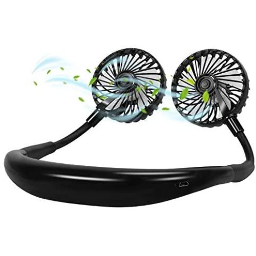 Neck Fan Wearable Personal Fans - 3 Speed Small Portable Fan with 7 LED Lights, Mini USB Neck Fans Portable Rechargeable, 360° Cooling Battery Operated Neck Fan for Sport Outdoor Table Office Black