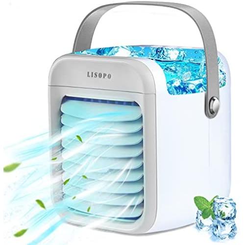 Tragbarer Luftkühler | LISOPO Wiederaufladbarer Verdunstungskühler mit Luftbefeuchter & Filterfunktion & 7-Farben-Nachtlicht | Persönlicher Mini-Luftkühler für Schreibtisch/Schlafzimmer/Büro/Heimgebrauch