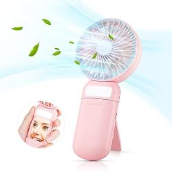 Mini Fan Handheld with LED Lights Adjustable, Portable Fan Rechargeable Quiet 3 Speed Mirror Fan, Small USB Hand Fan, Gift for Women Travel Outdoor Indoor Table Fan - Pink