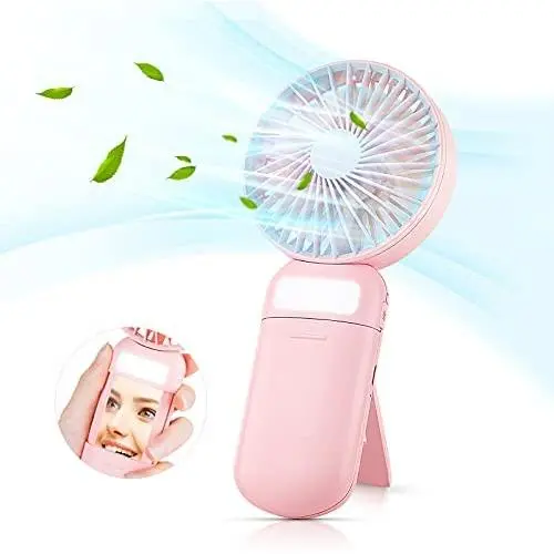 Tragbarer Mini-Ventil mit LED-Licht, verstellbar, Tragbarer wiederaufladbarer Ventilator mit leisem Betrieb, Spiegel-Ventilator, kleiner USB-Ventilator, Geschenk für Frauen Reisen Outdoor Indoor Schreibtischventilator - Rosa