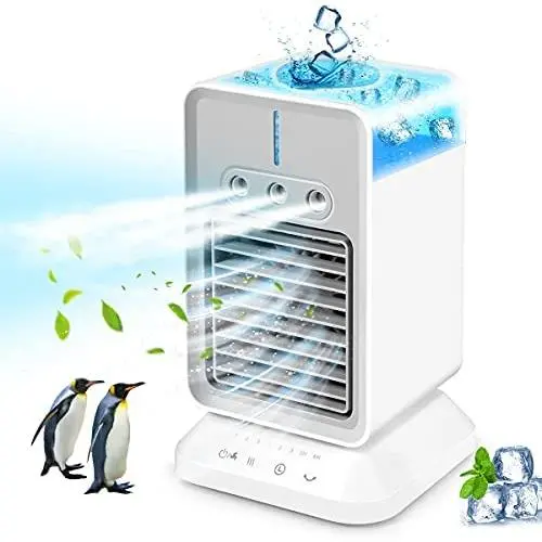 YiimDaifun Tragbarer Luftkühler, 2000mAh Wiederaufladbarer Zerstäuber-Ventilator (Einstellbare 2-4H), 90° Oscillation Kühlbreeze Luftkühler, Persönlicher Raumkühler für Räume, Büros, Zelte, Innenräume