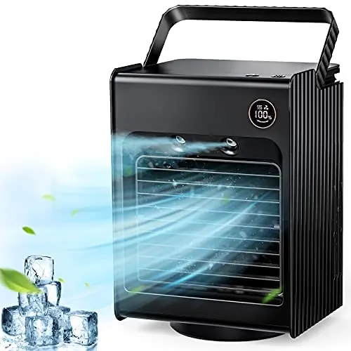 Ventilateur d’air portable, refroidisseur personnel de bureau, mini refroidisseur évaporatif avec poignée, oscillation automatique de 120°, 3 vitesses réglables, batterie rechargeable 4000mAh (Noir) Ventilateur d’air portable, refroidisseur personnel de bureau, mini refroidisseur évaporatif avec poignée, oscillation automatique de 120°, 3 vitesses réglables, batterie rechargeable 4000mAh (Noir)