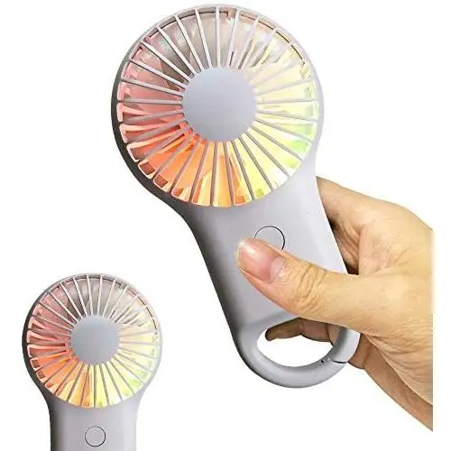 Mini Handheld Akku-Betriebsventilator, Wiederaufladbar mit Karabiner, USB Mini Ventilator mit Farblichem Licht, Tragbarer Mini-Ventilator, Handventilator Tragbar mit Beleuchtung für Camping Reisen Haushalt, Weiß