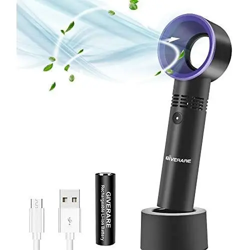 GIVERARE Bladeless Handheld USB-Ventilator, Mini Tragbarer Ventilator, Schreibtischventilator, Persönlicher Ventilator mit USB-Akku, 3-6 Arbeitsstunden, 3 Geschwindigkeiten, für Kinder Baby Reise Camping Büro Raum - Schwarz