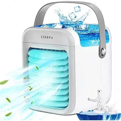 Climatiseur Portable USB, Ventilateur Évaporatif Rechargeable LISOPO avec Humidificateur & Filtration & Luminothérapie 7 Couleurs | Petit Ventilateur de Bureau pour Maison/Bureau/Chambre.