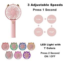 Mini Fan Portable Small Fan, 3 in 1 Handheld Fan with 7 Colors LED Night Lights, 3 Adjustable Speeds, Rechargeable Battery Operated Fan for Kids, Girls and Women Outdoors or Home Office Use.