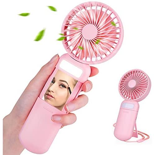 Mini Handheld Fan, Portable Fan Battery Operated, Small Personal Fan USB Rechargeable, 3 Speed Adjustable Hand Fan with Mirror & LED Fill Light, Makeup Eyelash Fan for Women Girls Travel Office