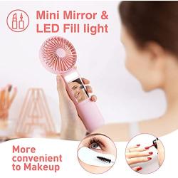 Mini Handheld Fan, Portable Fan Battery Operated, Small Personal Fan USB Rechargeable, 3 Speed Adjustable Hand Fan with Mirror & LED Fill Light, Makeup Eyelash Fan for Women Girls Travel Office