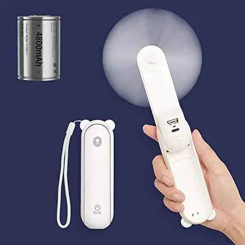 JISULIFE Handheld-Ventilator mit 4800 mAh Powerbank – Max. 46 Stunden Laufzeit, Tragbarer, Faltbarer, Akkubetriebener oder USB-betriebener Mini-Ventilator, 3 Geschwindigkeiten, Erhöhter Luftstrom, wiederaufladbar, leise – Weiß