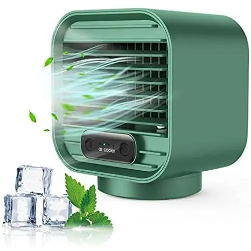 Climatiseur Portable, Zeato 3 en 1 Mini Rafraîchisseur d'Air Personnel, Ventilateur USB Rechargeable 2000 mAh avec Brumeur et Humidificateur, Petit Rafraîchisseur Evaporatif pour Espace Réduit, Ajustable 3 Vitesse pour Maison, Bureau, Pièce, Camping - Ver