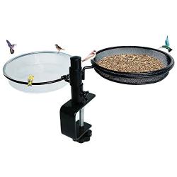 HLTOP Deck Bird Feeders Deck Mount Bird Bath with Metal Mesh Tray and Water Bowl - Detachable and Adjustable Heavy Duty Sturdy Clamp Stand - Balcony Bird Feeder Perfect for Attracting Birds