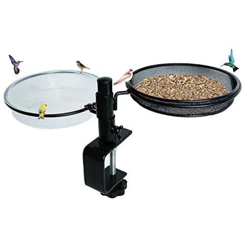 HLTOP Deck Bird Feeders Deck Mount Bird Bath with Metal Mesh Tray and Water Bowl - Detachable and Adjustable Heavy Duty Sturdy Clamp Stand - Balcony Bird Feeder Perfect for Attracting Birds