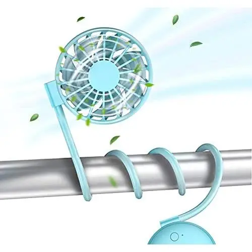 Vent de Cou Portable, Mini Fan Manuel, Stylet de Cou pour Poussette, SZTMBF Fan Main Libre Personnel, Ultra-Petit, avec Bandoulière Flexible, Rotation 360° / 3 Vitesse / 7 Lumières LED (Bleu)